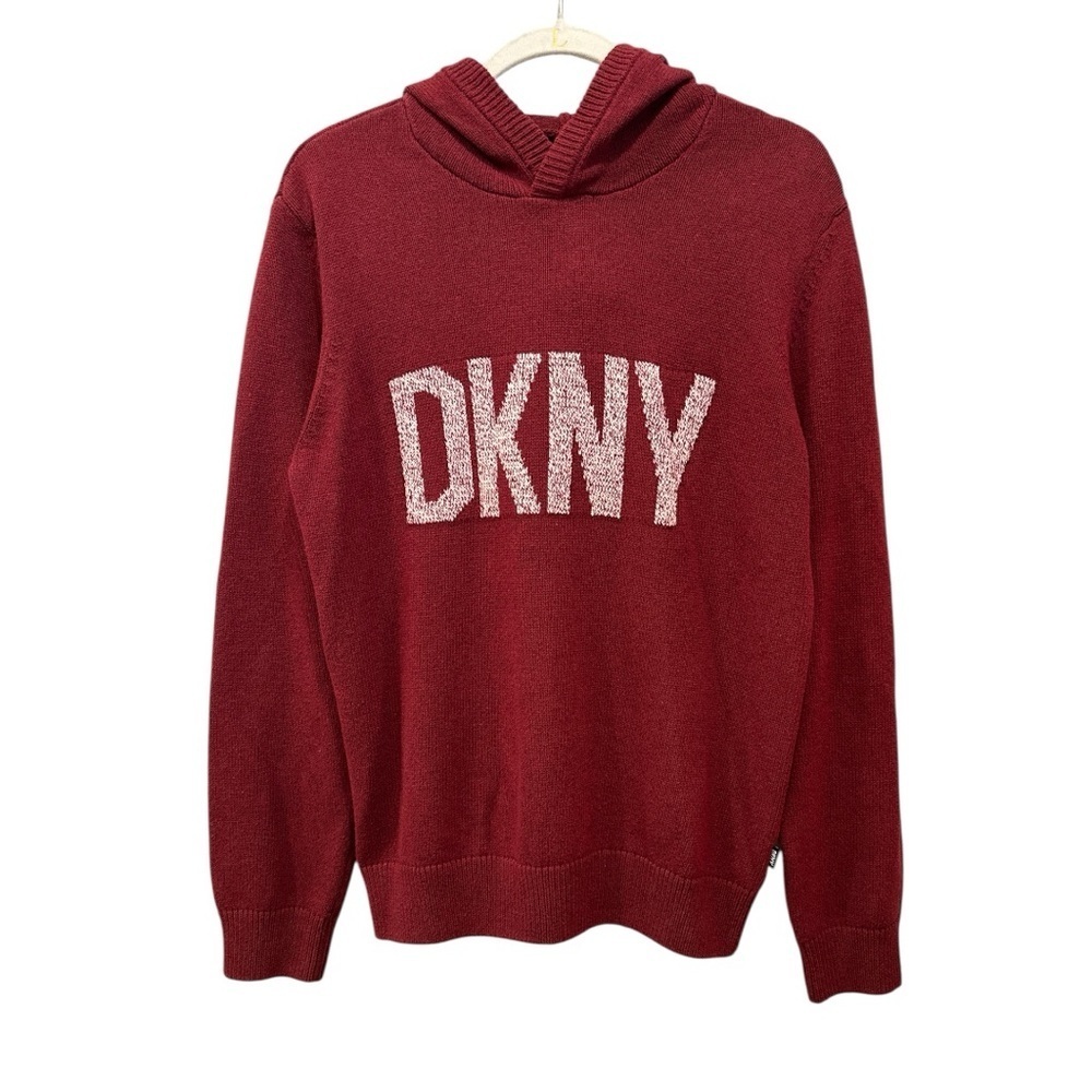 DKNY Burgundy Sweater with Hood Hoodie Logo Graphic Layer Chunky Sz M